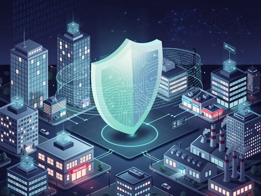 Digital shield protecting a city, symbolizing robust enterprise cyber liability insurance