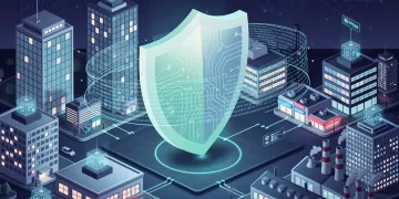 Digital shield protecting a city, symbolizing robust enterprise cyber liability insurance