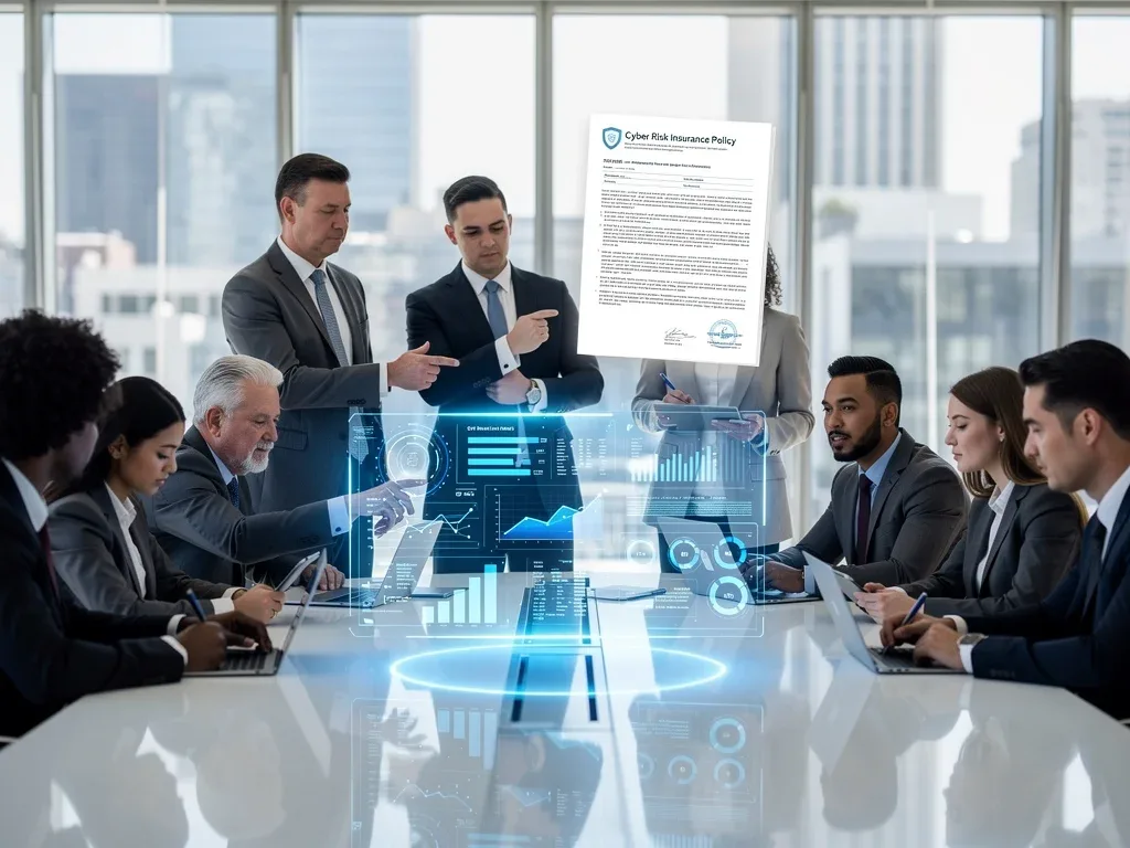 Business team reviewing cyber insurance policy details on a holographic screen