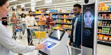Shoppers using palm and facial recognition for biometric checkout at a modern US retail store.