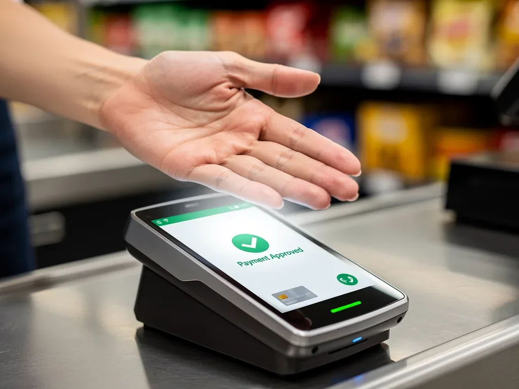 Customer performing a palm scan for payment at a self-checkout kiosk.