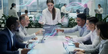 Professionals collaborating with generative AI in a futuristic office setting