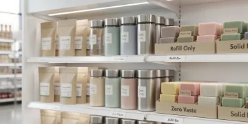 Innovative zero-waste packaging solutions replacing single-use plastics on a store shelf.