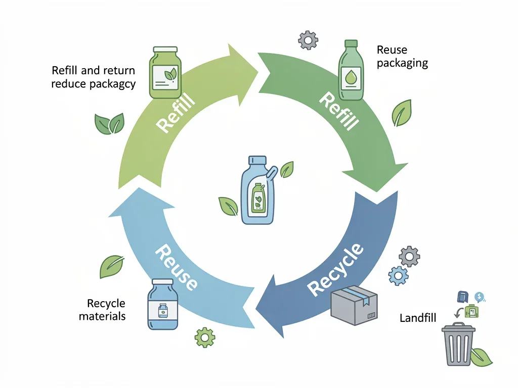 Circular economy model illustrating refill, reuse, and recycling of packaging.