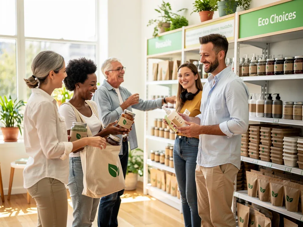 Consumers engaging with sustainable, reusable product packaging in a store.