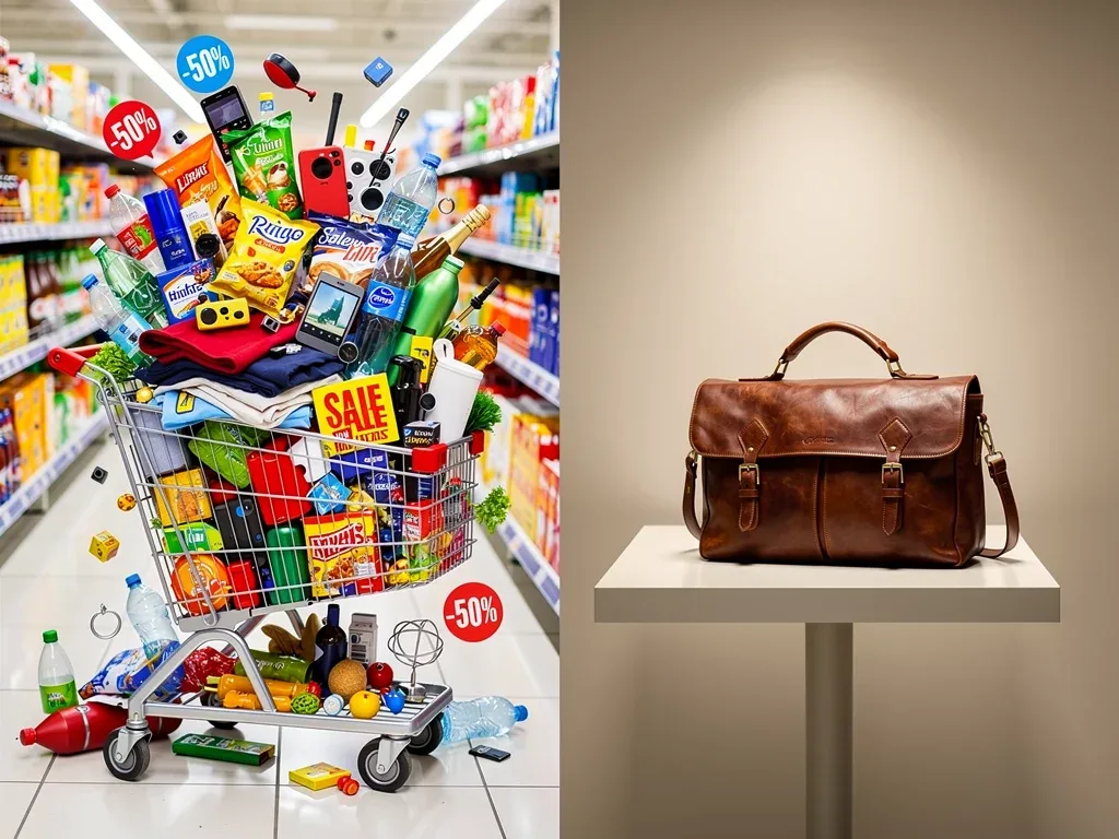 Visual contrast between excessive consumption and mindful, de-influenced purchasing.