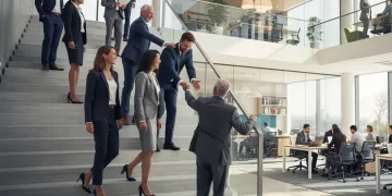 Professionals climbing a career ladder, symbolizing internal mobility and growth within a company.