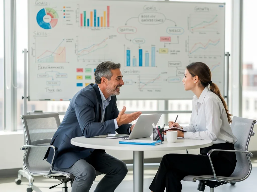 Mentor guiding a mentee, emphasizing professional development and skill growth.
