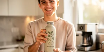 Young adult happily drinking a functional adaptogen beverage instead of coffee