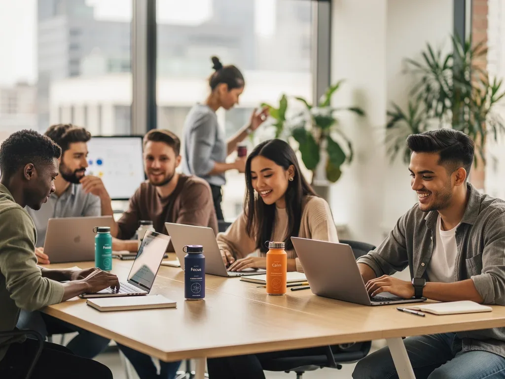 Young professionals working with functional beverages at their desks