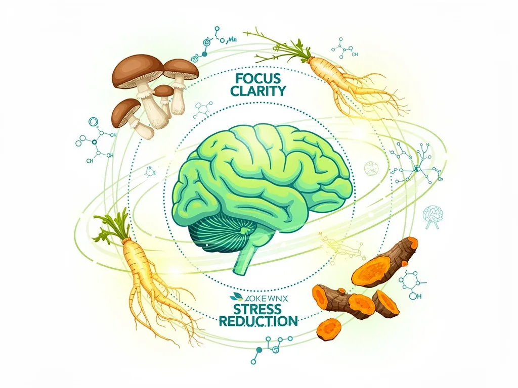 Infographic illustrating brain benefits from nootropics and adaptogens