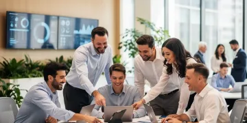 Professionals collaborating happily in a modern office, symbolizing a balanced work week.