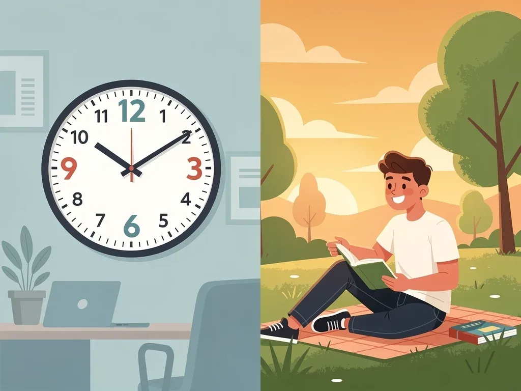 Clock with fewer hours and happy employee, symbolizing work-life balance.