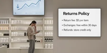 Return fees policy sign in a modern retail store, showing changed consumer return behavior.