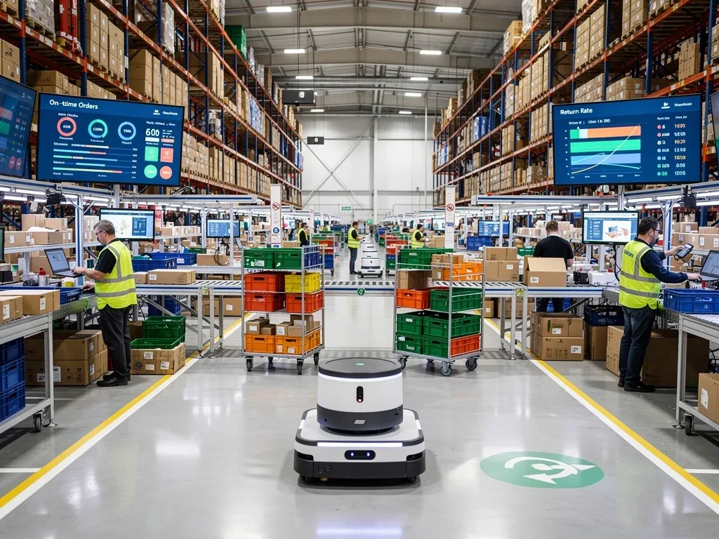 Automated e-commerce fulfillment center optimizing logistics and reducing returns.