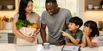 Family using smart speaker for grocery reordering in a modern kitchen