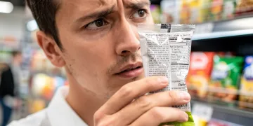 Consumer scrutinizing ingredient list on packaged food in a grocery store aisle.