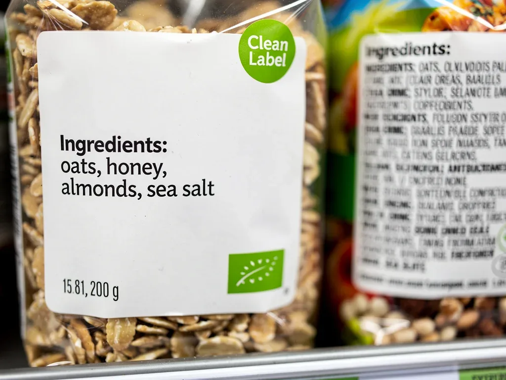 Short, clear ingredient list on a clean label product, emphasizing transparency.