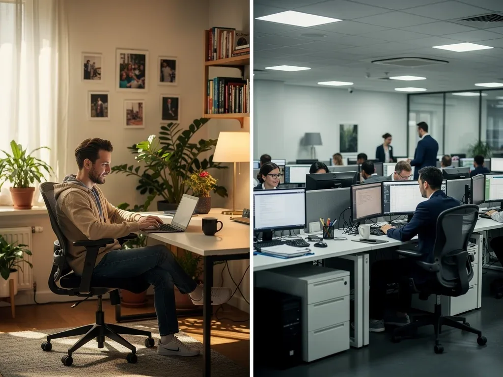 Comparison of remote home office versus traditional corporate office environment.