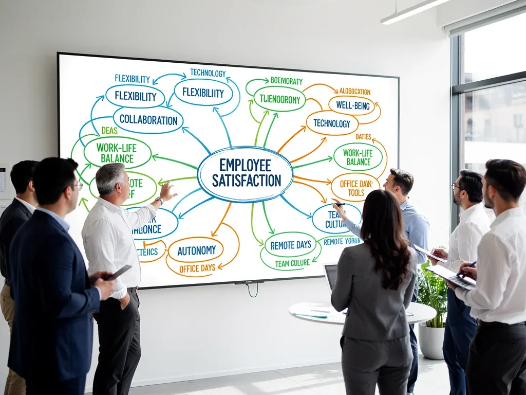 Diagram illustrating key factors for successful hybrid work models and employee satisfaction.