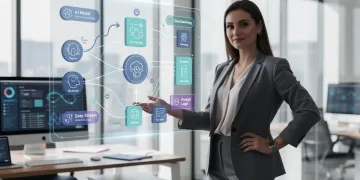 Workflow architect optimizing AI processes on a holographic display in a modern office