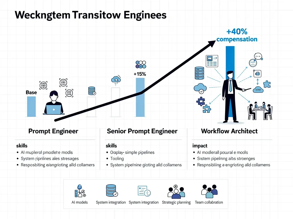 Infographic showing career progression from prompt engineer to workflow architect with salary growth