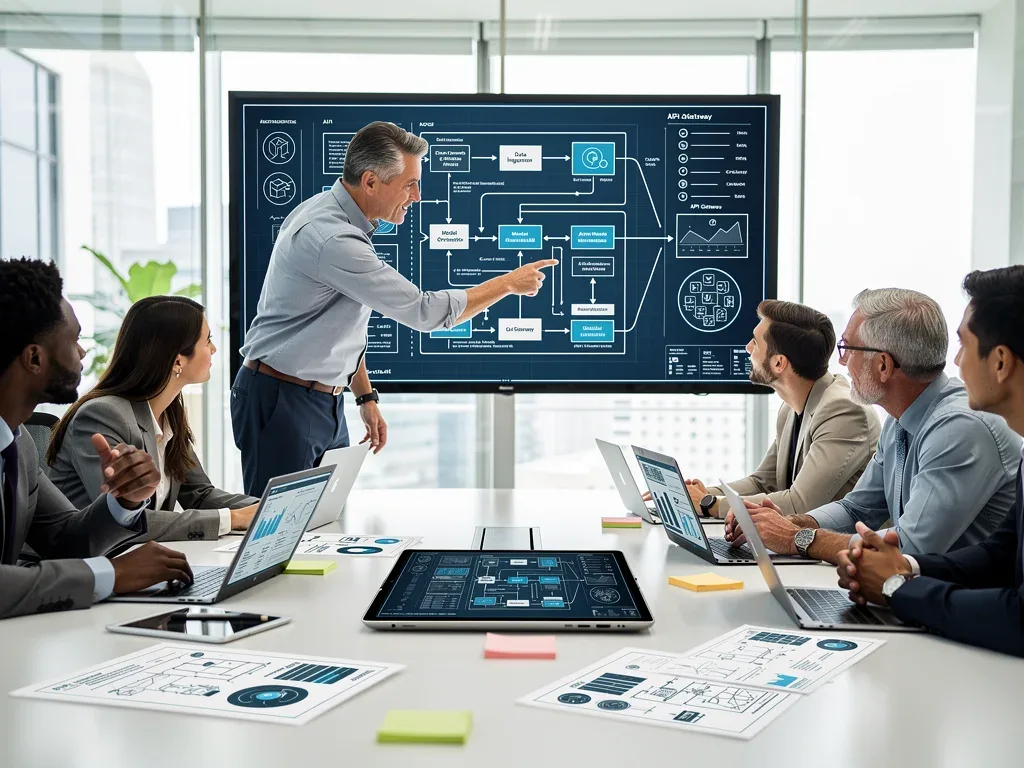 Team collaborating on enterprise AI system integration and strategic planning