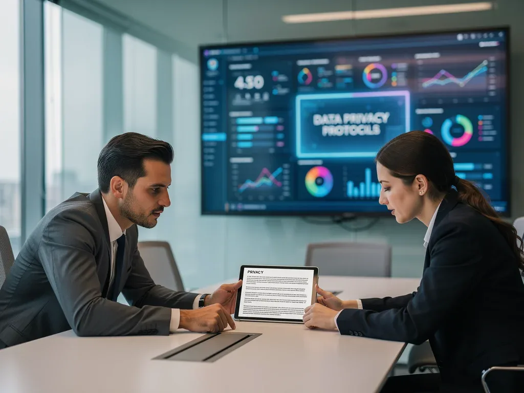 HR and manager reviewing new employee data privacy policy on tablet