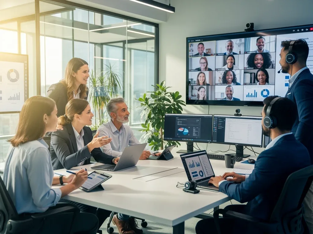 Professionals engaged in effective hybrid collaboration, bridging the gap between remote and in-office teams.