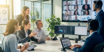Professionals engaged in effective hybrid collaboration, bridging the gap between remote and in-office teams.