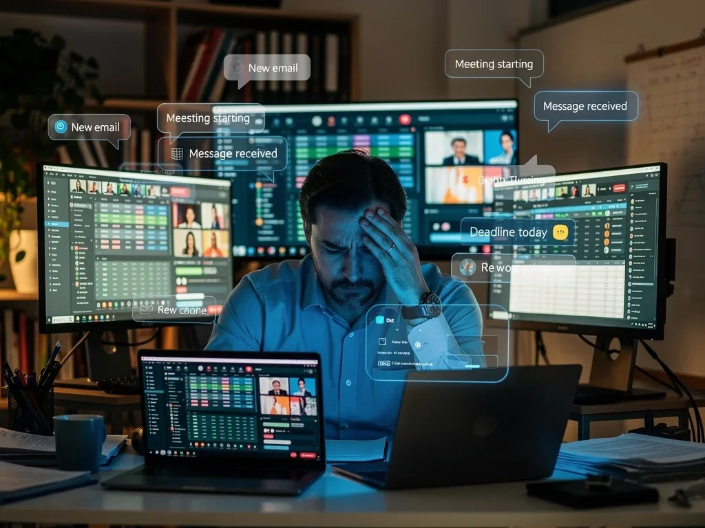 Individual experiencing digital fatigue from excessive screen time and virtual meetings.