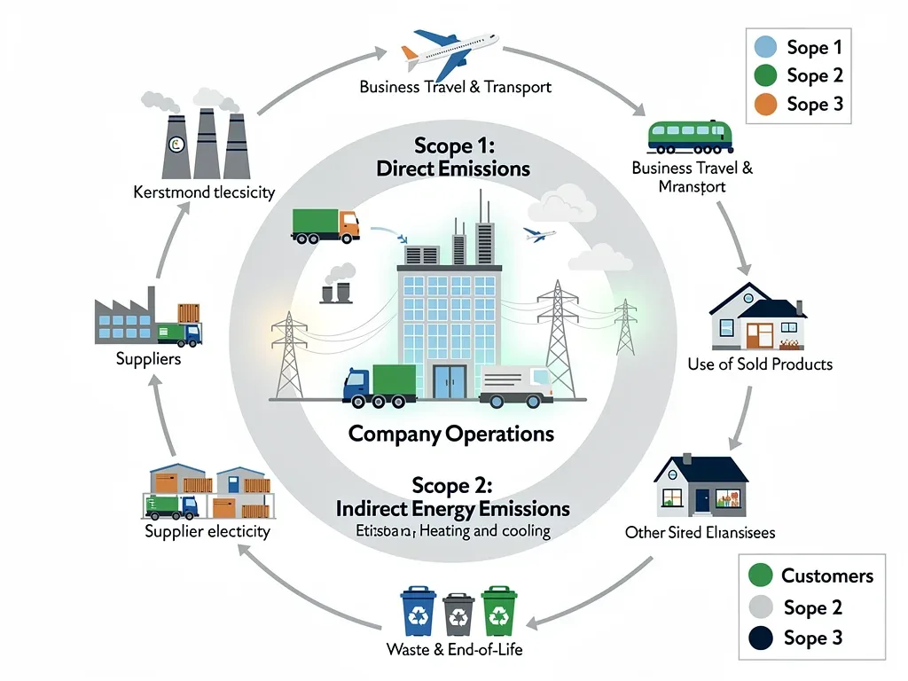 Diagram explaining Scope 1, 2, and 3 GHG emissions for corporate reporting