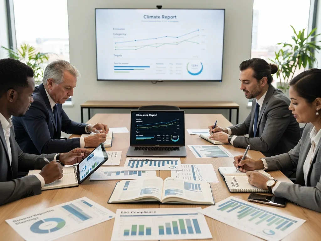 Business team collaborating on climate disclosure compliance and data analysis