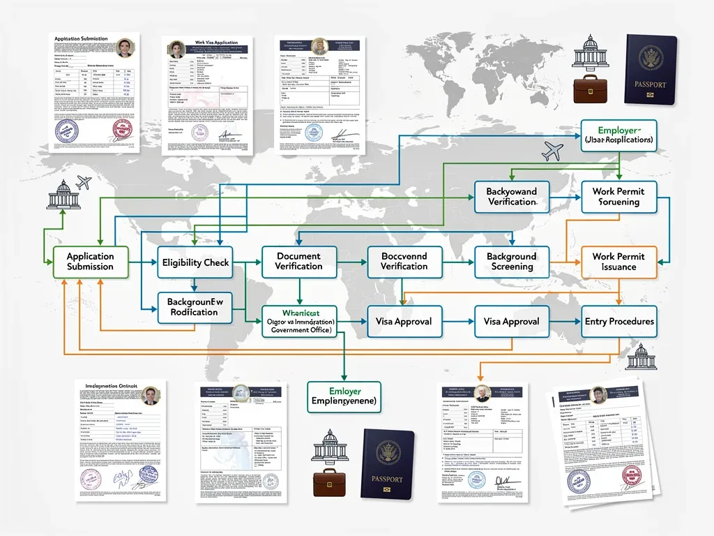 Complex immigration process flowchart for international hiring
