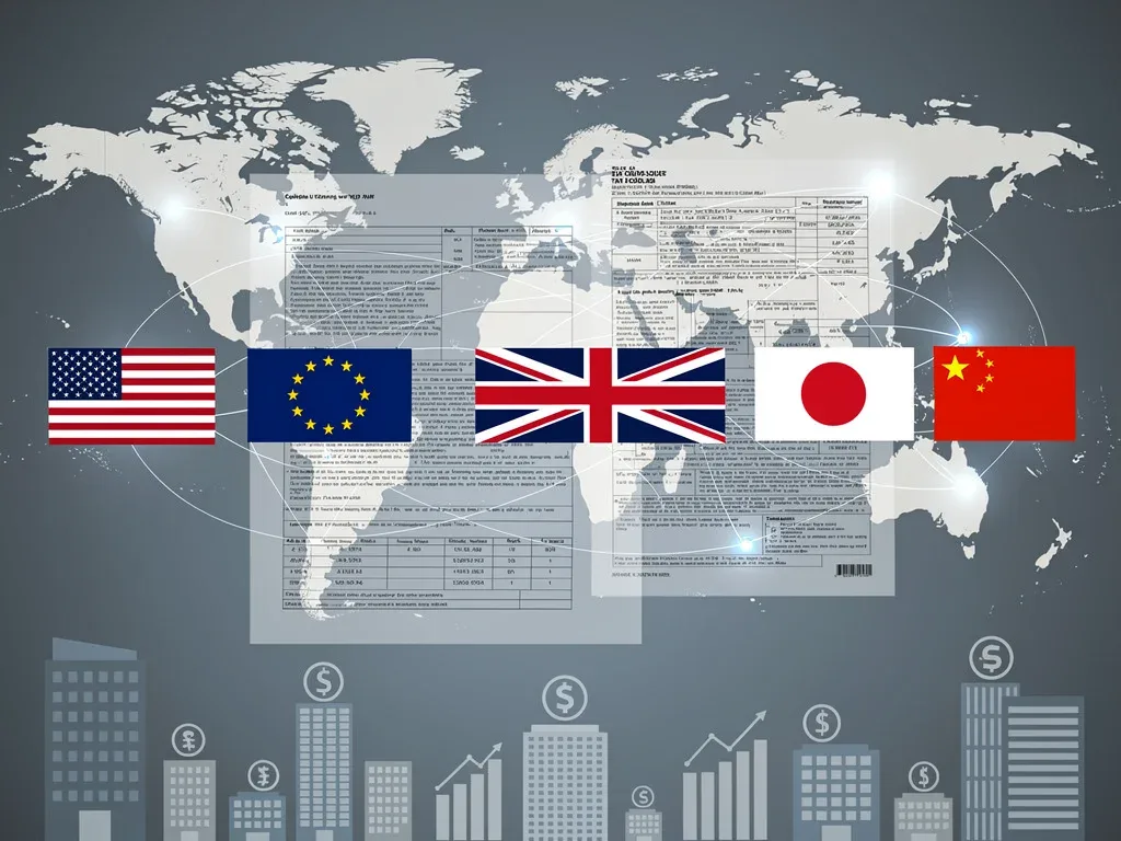Digital overlay of tax codes and country flags, illustrating international tax complexity