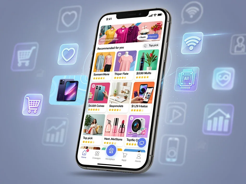 Hyper-personalized in-app ad feeds on a smartphone screen within a dynamic e-commerce environment.