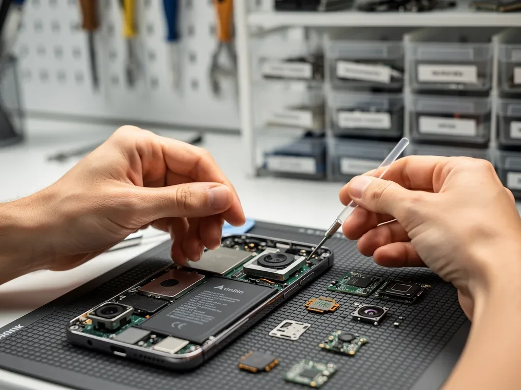 Hands repairing a modular smartphone, highlighting the repair-over-replace trend in consumer electronics.