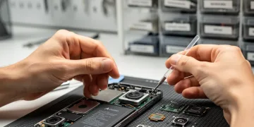 Hands repairing a modular smartphone, highlighting the repair-over-replace trend in consumer electronics.