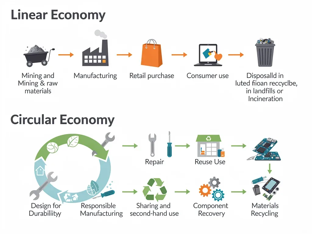 Infographic comparing linear vs. circular economy models for electronics, emphasizing repair and reuse.