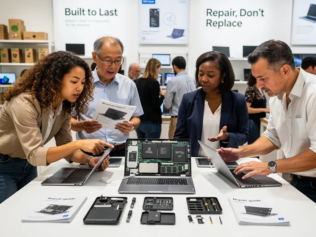 Consumers examining modular electronics in a store, prioritizing durability and repairability.