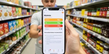 Woman using AI scanner app for personalized nutrition tracking in a US supermarket