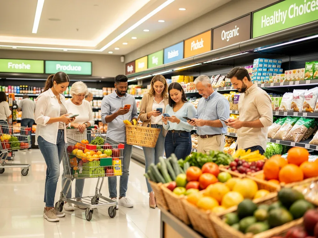 Diverse shoppers utilizing technology for healthier food choices in a grocery store