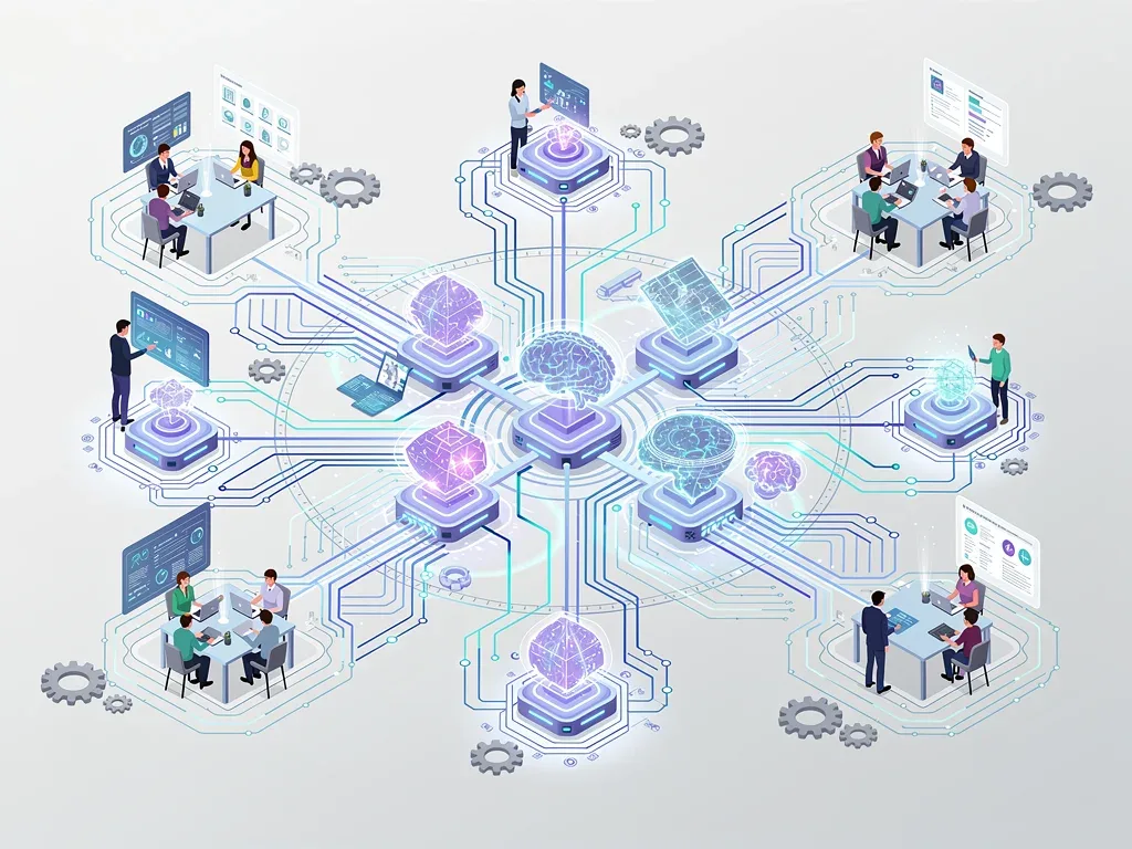 Interconnected AI systems and human teams optimizing resource allocation.
