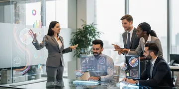 Professionals collaborating with AI interfaces in a modern office environment, demonstrating human-AI synergy.