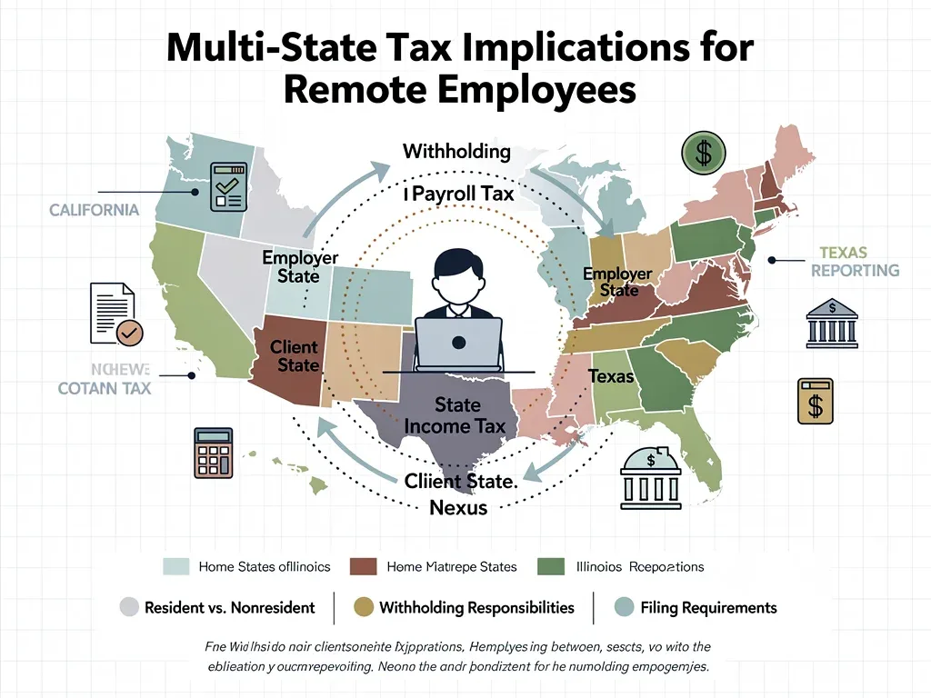 Infographic showing multi-state tax implications for remote employees.