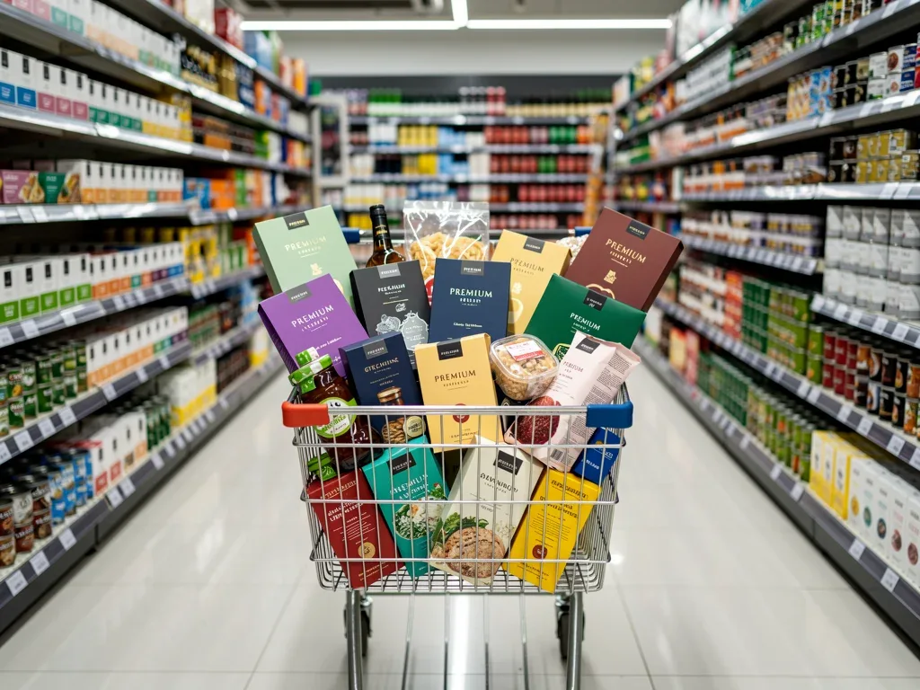 Shopping cart filled with premium store brand groceries in a modern supermarket aisle.