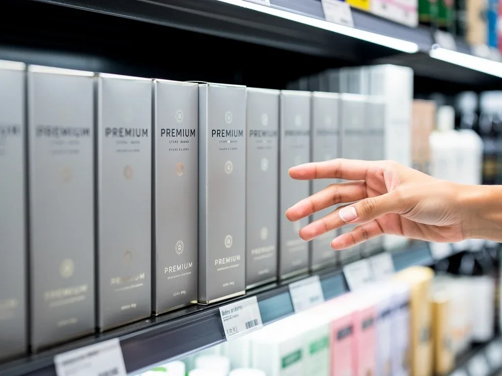 Consumer selecting a premium private label product from a supermarket shelf.