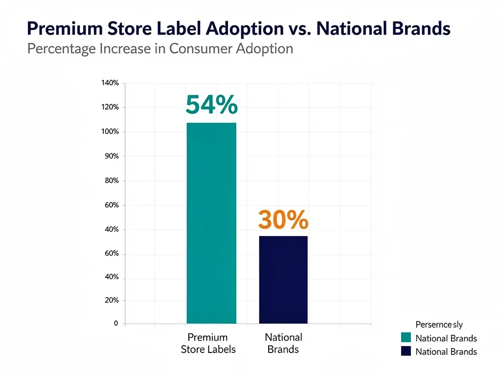 Infographic showing 54% increase in premium store label purchases over national brands.