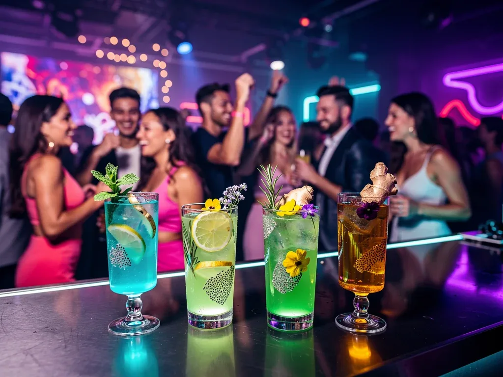 Nightlife scene with people enjoying adaptogenic functional drinks