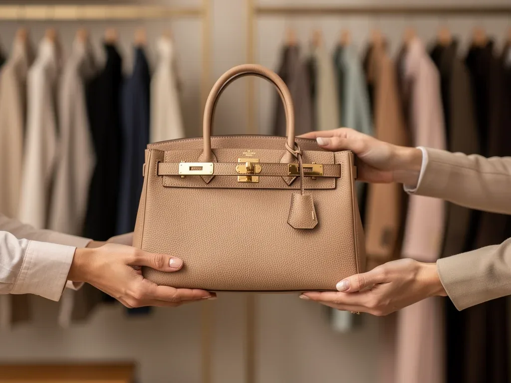 Hands exchanging a pre-owned designer handbag at a circular fashion marketplace